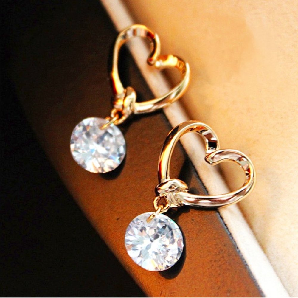 NEW Gold Heart Stud with Dangling Crystal Earrings Women GORGEOUS DAINTY Sweet - Picture 5 of 5